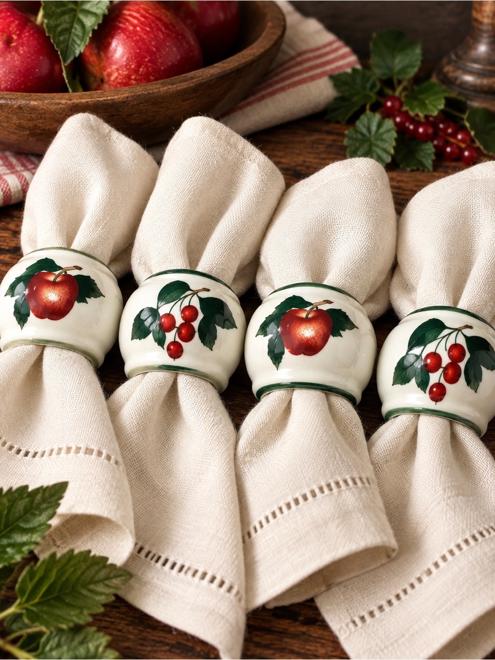 Vintage Ceramic Apple Currant Fruit Napkin Rings Set of 4 Country Kitchen
